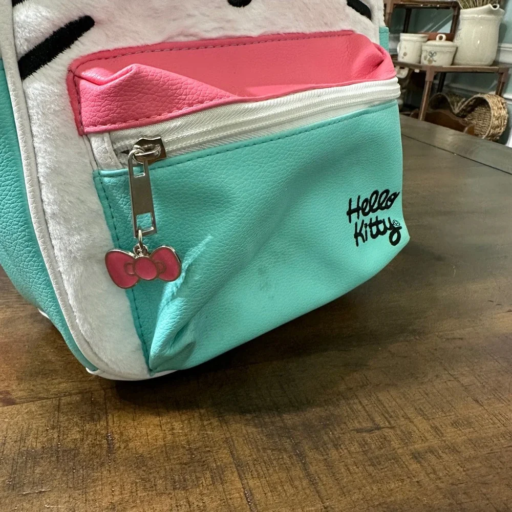 Hello Kitty Sanrio Mini‎ Backpack Plush Faux Fur Teal Pink White Bow Bag